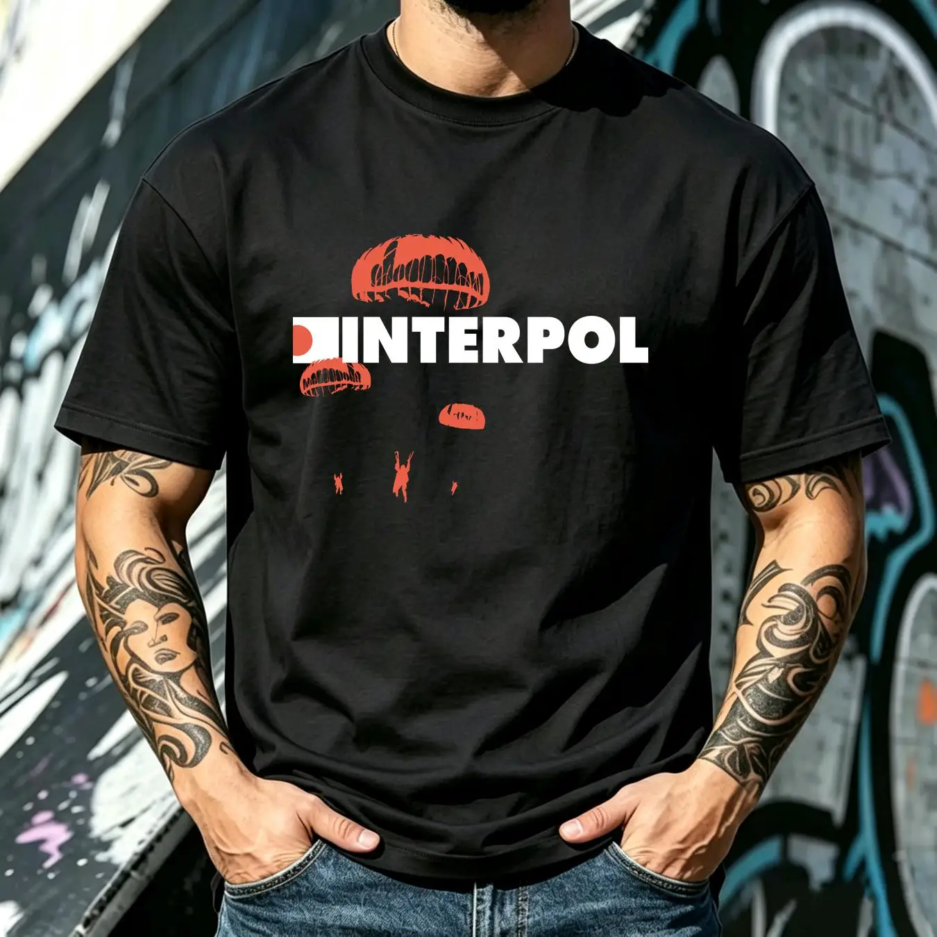 洗い加工Tシャツ、インターポール、ロック、コットン、黒、新品 - Streetwear Brand Vintage のレビューと価格